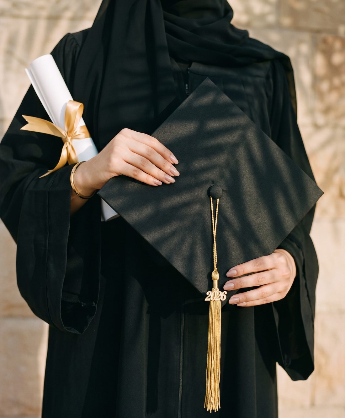 Graduate holding her cap with a 2026 tassel and her diploma